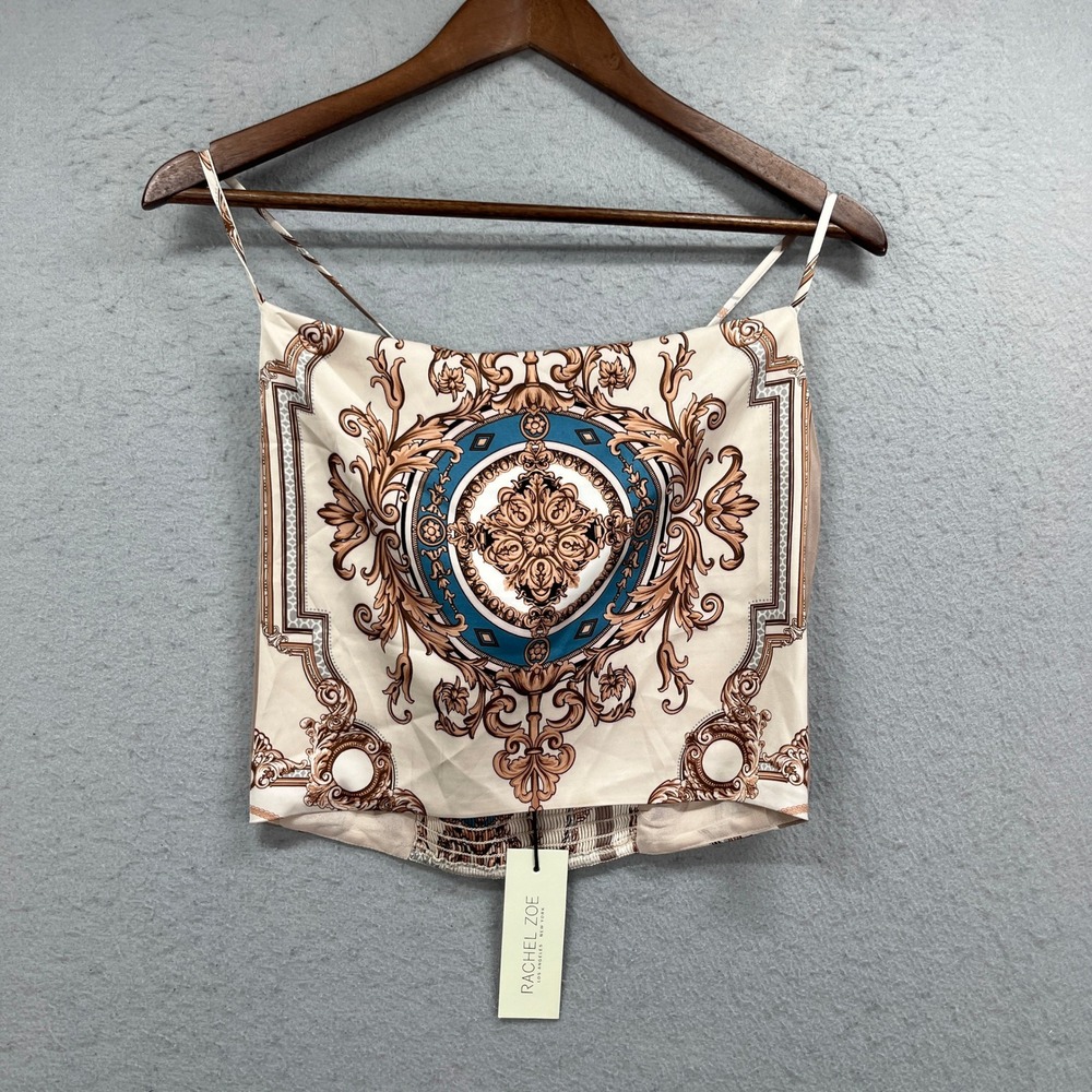 Rachel Zoe Cami Tank Top Womens S Cream Baroque Scarf Print Smocked Back Boho